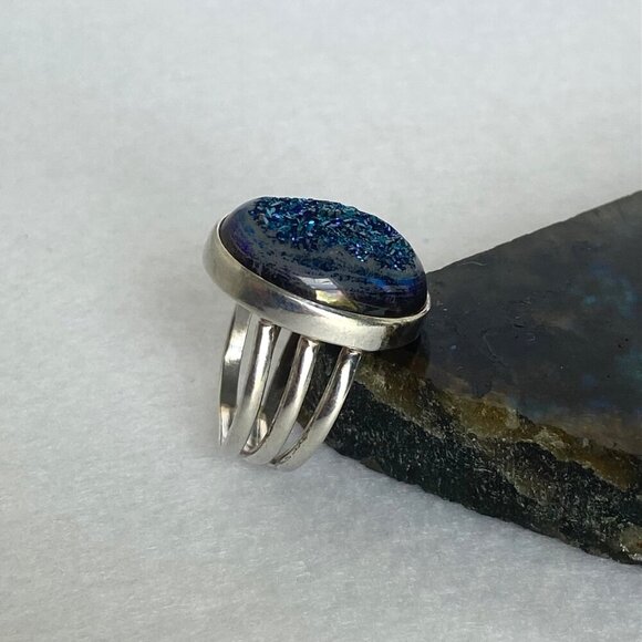 Sterling Silver 925 India Oval Blue Titanium Druzy Triple Band Ring Sz 7 - Picture 4 of 16
